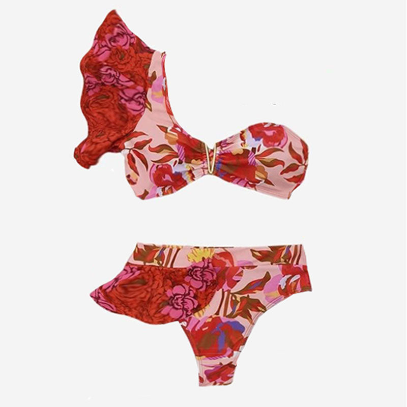 One Shoulder Ruffle Floral Print Bikini Swimsuit