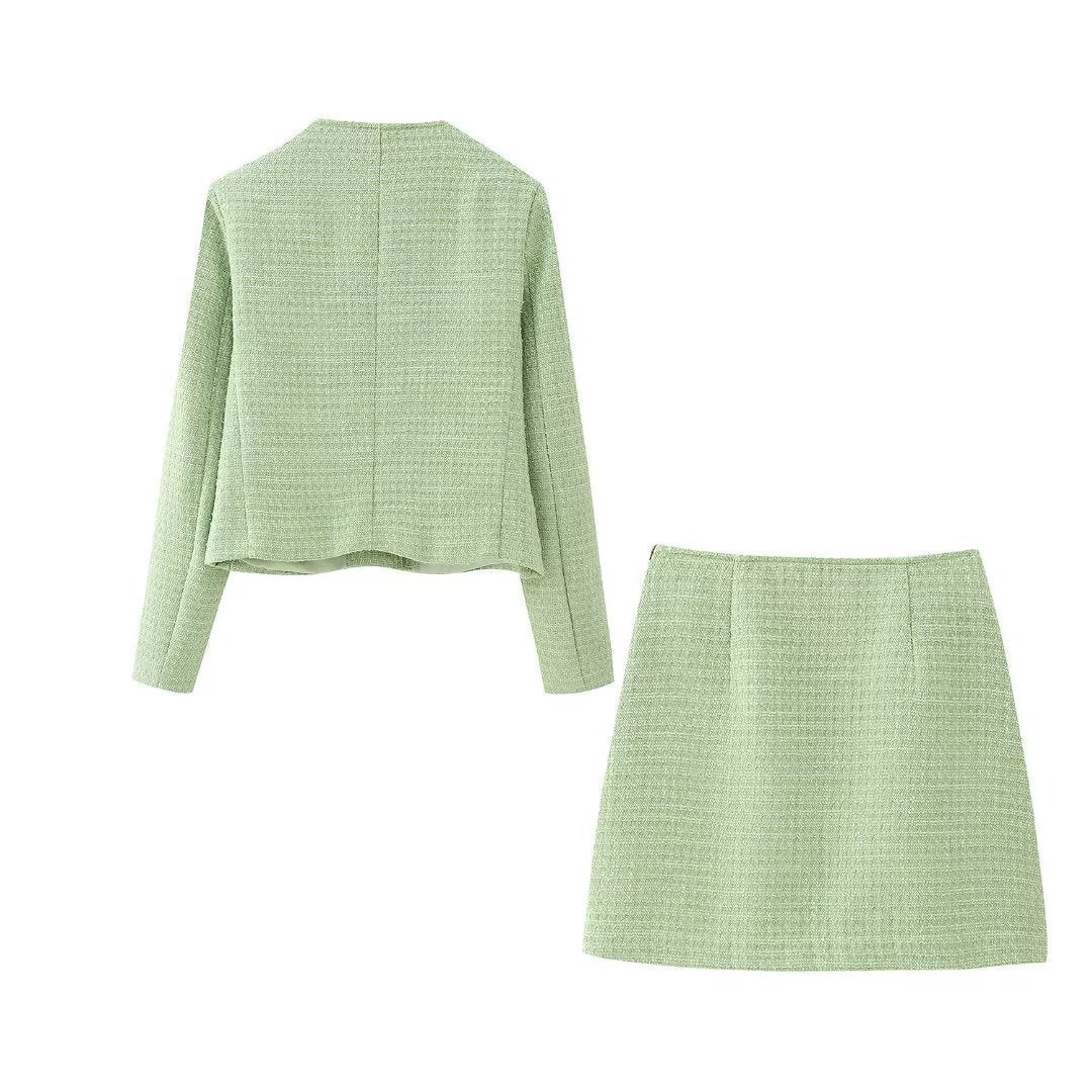 Fashion Green Tweed Coat and Skirt