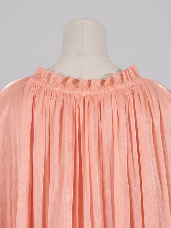 Floral Pleated Split-Joint High-Low Loose Stand Collar Mini Dresses