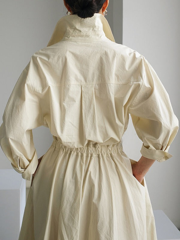 Long Sleeves Loose Pleated Solid Color Split-Joint Tied Waist Lapel Midi Dresses Shirt Dress