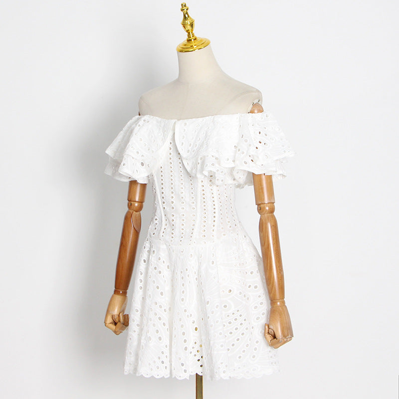Double Ruffle Embroidery Hollow Out Mini Dress