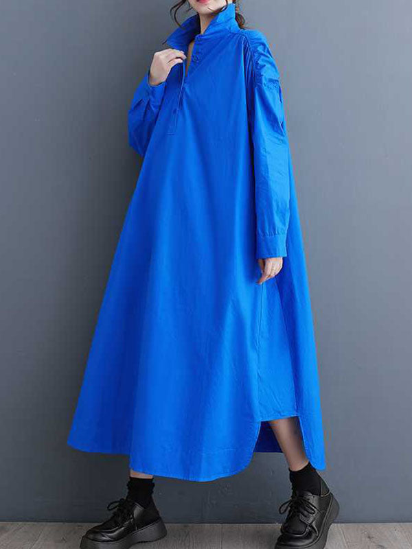 Buttoned Hollow Pleated Pockets Solid Color A-line Long Sleeves Lapel Shirt Dress Midi Dresses
