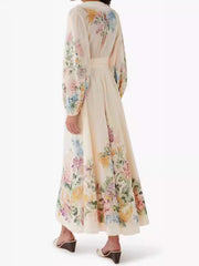 Flower Print Long Sleeves Bandage V-Neck Maxi Dresses