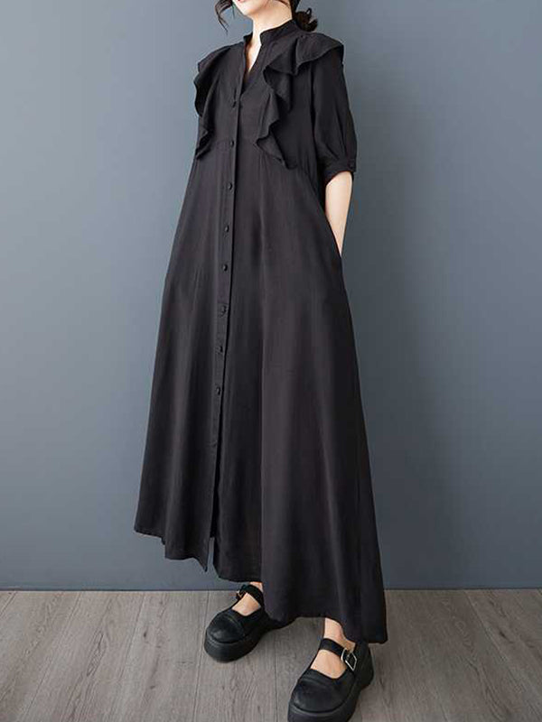 Buttoned Ruffle Trim Solid Color A-Line Half Sleeves V-Neck Midi Dresses