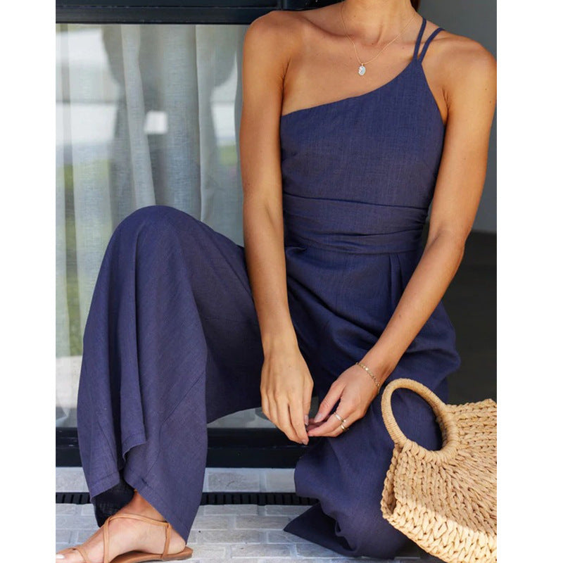 Fashion One Shoulder Solid Color  High Waist  Jumpsuit