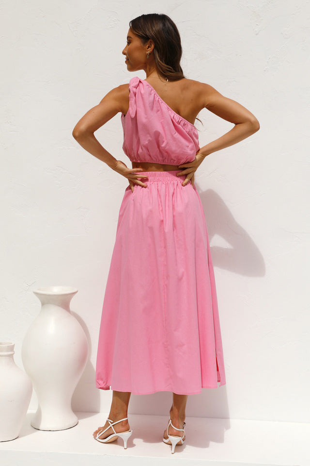 Solid Color One Shoulder Top and Skirt