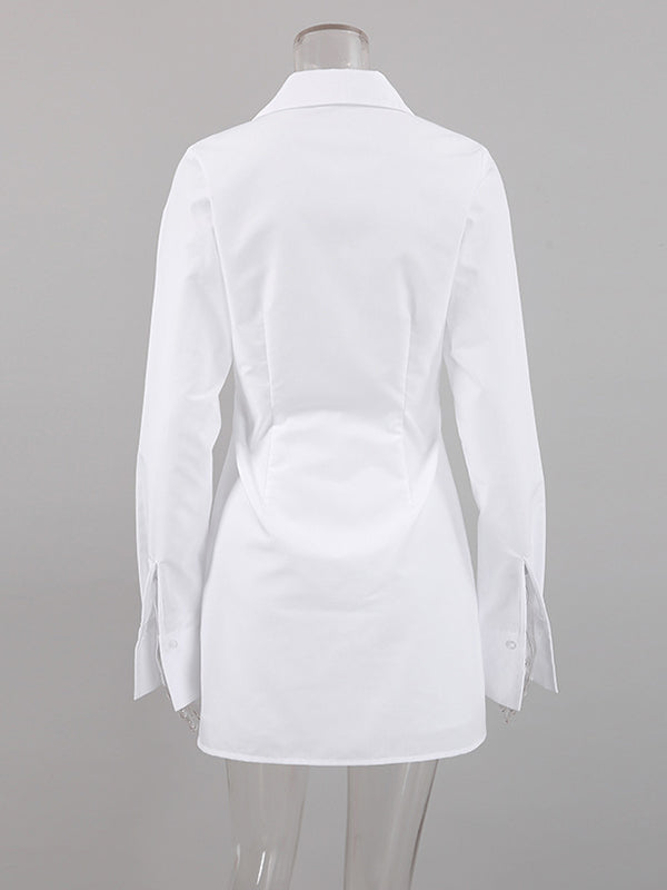 Buckle Solid Color Split-Front High Waisted Long Sleeves Lapel Mini Dresses