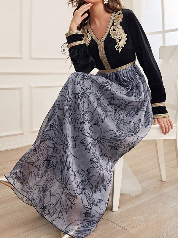 Embroidered Flower Print Split-Joint A-Line High Waisted V-Neck Maxi Dresses