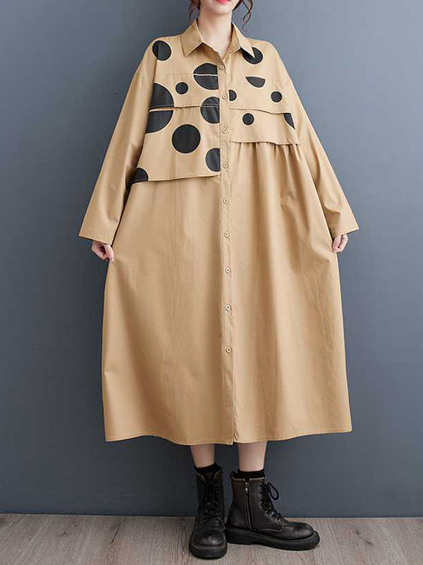 Asymmetric Buttoned Polka Dot Split-Joint A-Line Long Sleeves Lapel Midi Dresses