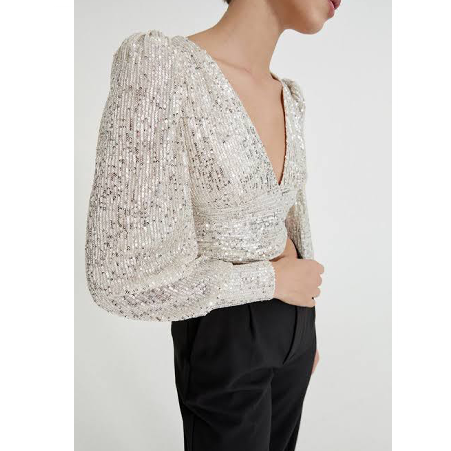 Flaxmaker Sequined Hot Drill Tarpaulin Sleeve V-neck Top Two Piece Set