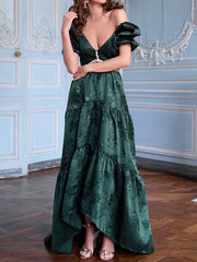 Flower Jacquard Puffled Sleeves Short Sleeve Satin Maxi Dress