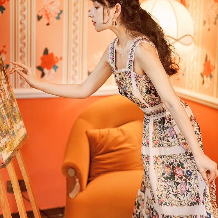 Flaxmaker Retro Printed  Backless Sling Dress
