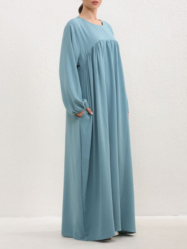 Pleated Solid Color Split-Joint Long Sleeves Loose Round-Neck Maxi Dresses