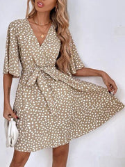 Pleated Printed Ruffled Tied Waist Half Sleeves Loose V-neck Mini Dresses