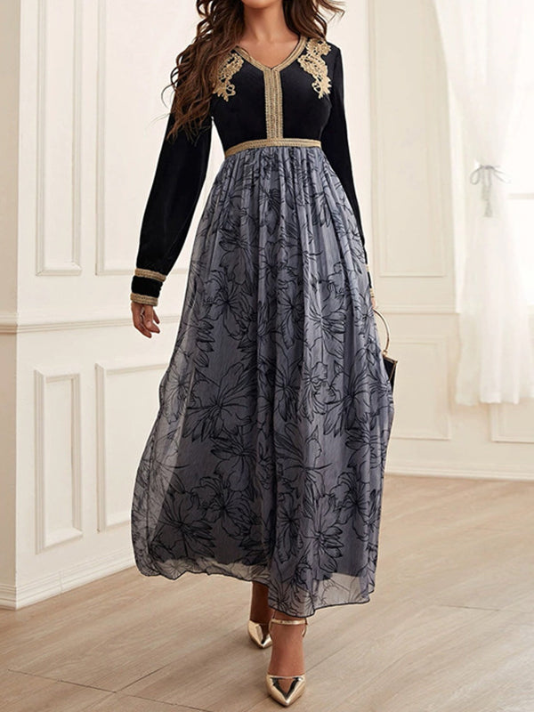Embroidered Flower Print Split-Joint A-Line High Waisted V-Neck Maxi Dresses