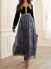 Embroidered Flower Print Split-Joint A-Line High Waisted V-Neck Maxi Dresses
