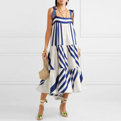 Tie-shoulder Striped Print Midi Dress Flaxmaker