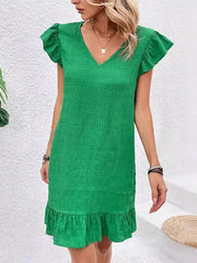 Pleated Solid Color Split-Joint Loose Ruffle Sleeves V-Neck Mini Dresses