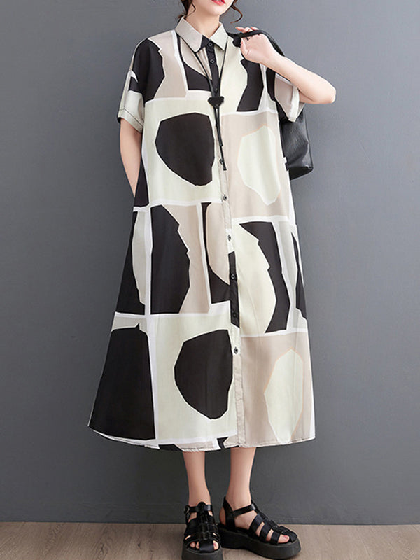 Color-Block Printed Loose Oversize Lapel Shirt Dress Midi Dresses