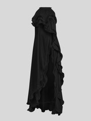 Layered Ruffled Solid Color Split-side Zipper Loose Sleeveless Round-neck Maxi Dresses