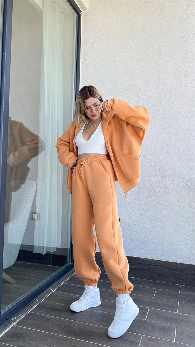 Velvet Stand Collar Long-sleeved  Hoodie Two Piece Set