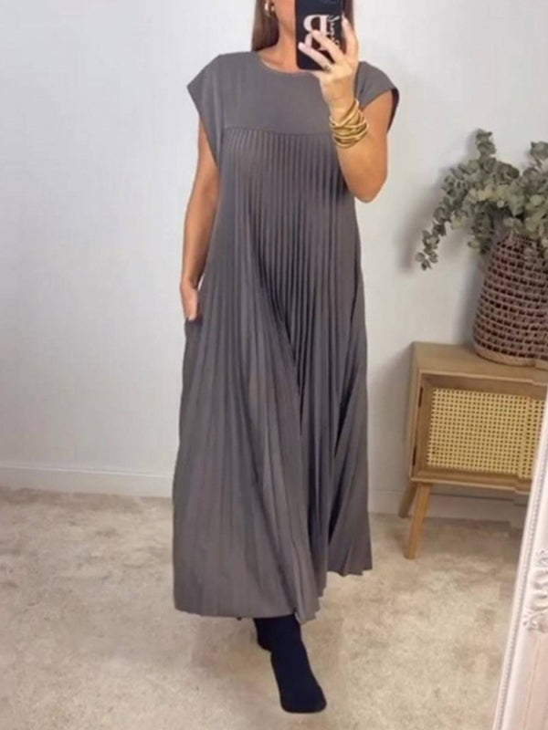 Pleated Pockets Solid Color Split-Joint A-Line High Waisted Round-Neck Maxi Dresses