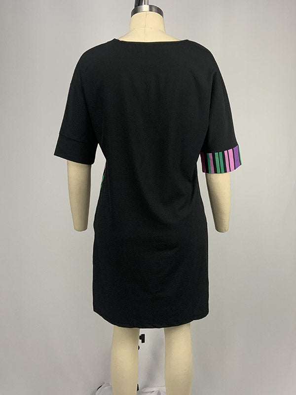 Asymmetric Contrast Color Striped A-line Half Sleeves Round-neck Mini Dresses