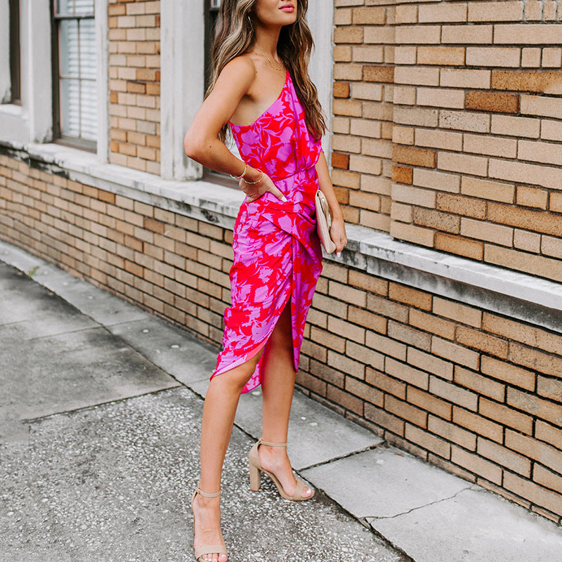 One Shoulder Printed Midi Dress