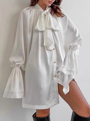 Buttoned Elasticity Pleated Solid Color Tied Zipper A-Line Flared Sleeves Stand Collar Mini Dresses