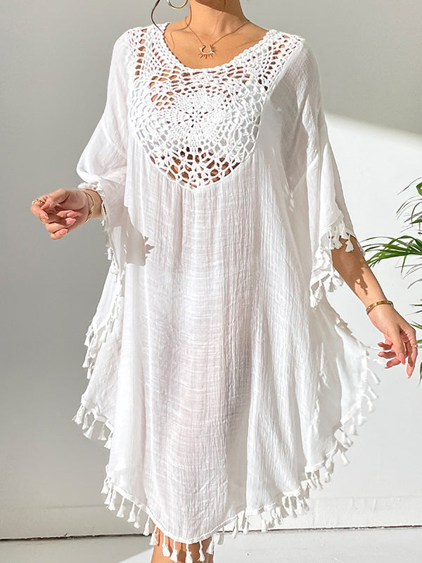 Hollow Solid Color Sun Protection Tasseled Batwing Sleeves Loose Round-Neck Midi Dresses Cover-Ups Tops