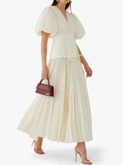 Solid Color Puff Sleeves Pleated High-Waisted Elegant Maxi Dresses