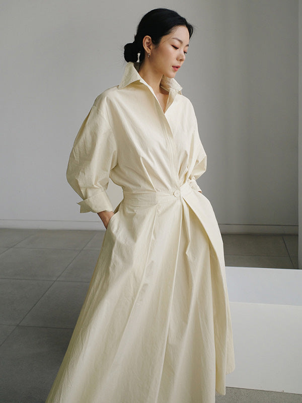 Buttoned Solid Color Long Sleeves Loose Lapel Midi Dresses