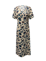 Printed Split-Side Loose Short Sleeves V-Neck Maxi Dresses