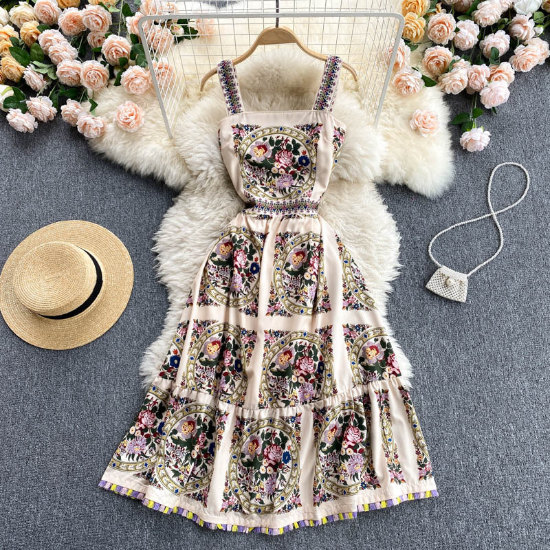 Flaxmaker Retro Printed  Backless Sling Dress