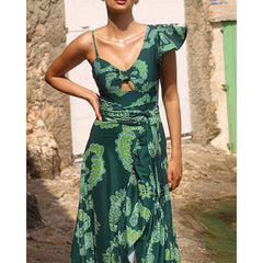 Ruffle Oblique Shoulder  Printed One Piece Swimsuit and Sarong