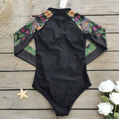Long Sleeve Zipper Printed Surf One Piece Swimsuit Flaxmaker