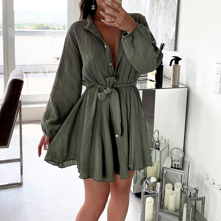 V Neck Long Sleeve Waist Lace Solid Color Mini Dress