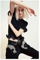 High street stitching pu buckle loop waist skirt