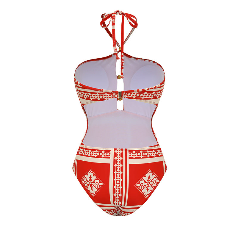 Halter Straps Cutout Backless Printed One Piece Swimsuit and Skirt Flaxmaker(Shipped on Dec 29th)