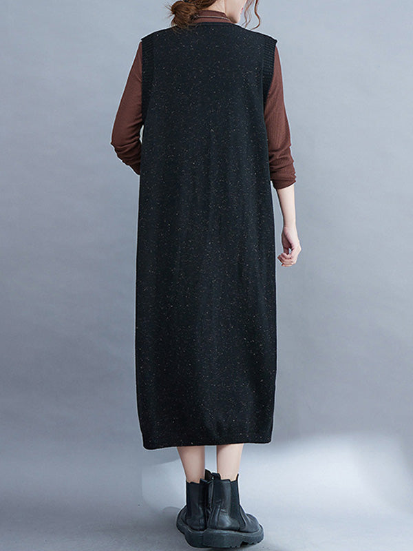 Vintage Solid Color Knitting V-Neck Sleeveless Sweater Dress