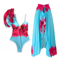 One Shoulder Ruffle One Piece Swimwsuit and Sarong Flaxmaker