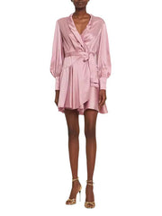 Solid Color Ruffled Long Sleeves Satin Elegant Mini Dresses