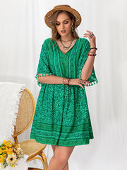 Vacation A-Line Loose Tasseled V-Neck Mini Dress