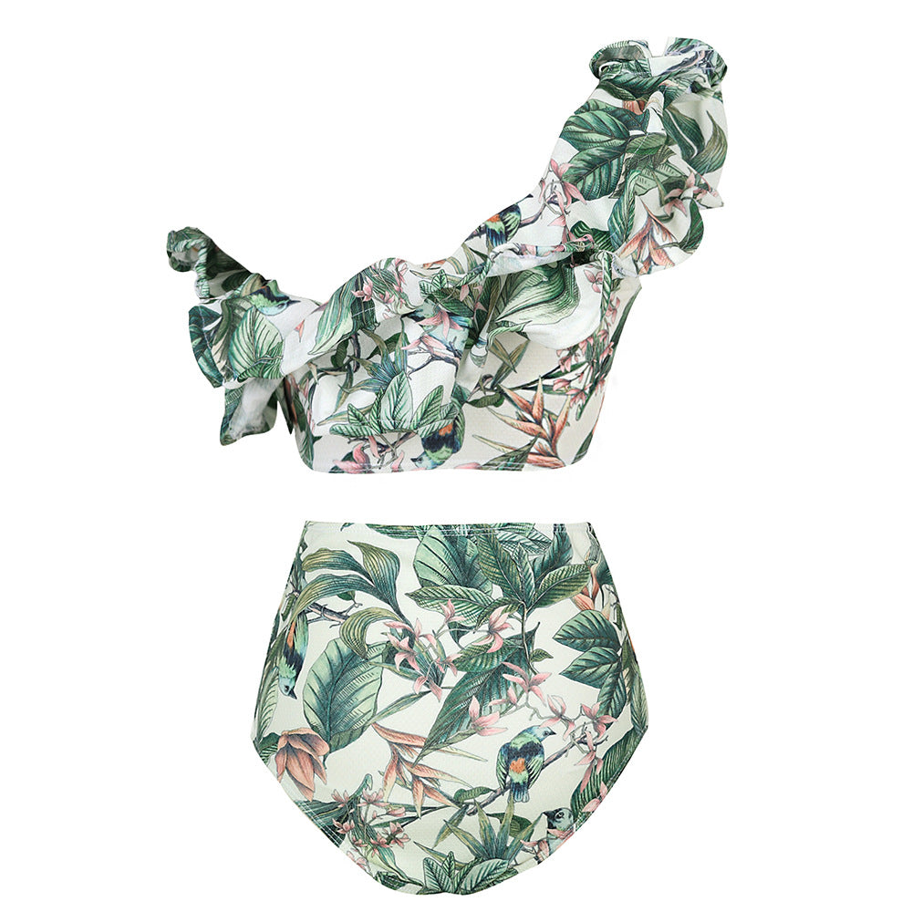 One Shoulder Ruffled White High Waist Bikini Swimsuit Flaxmaker