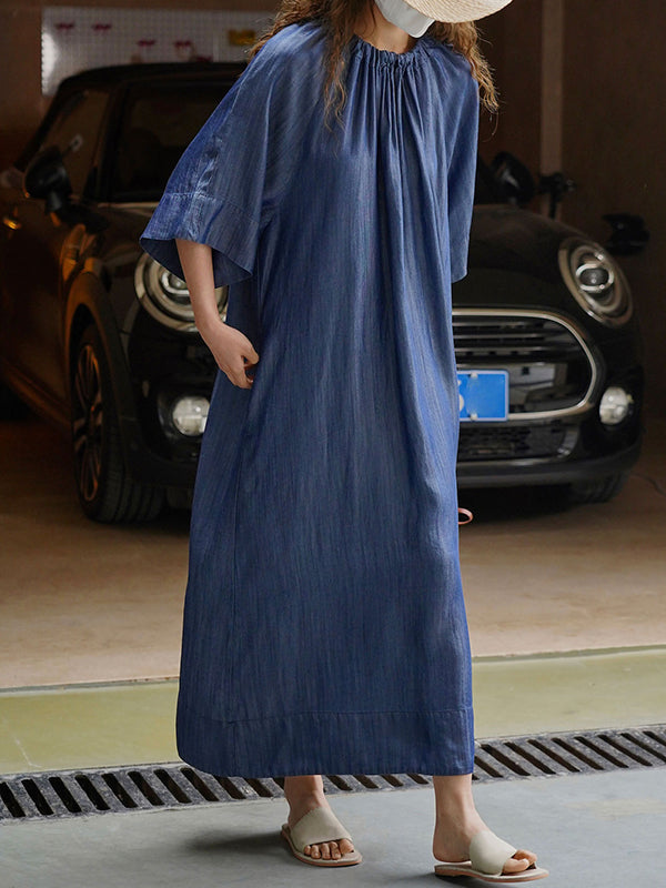 Drawstring Lace-Up Pleated Solid Color Loose Raglan Sleeve Round-Neck Midi Dresses