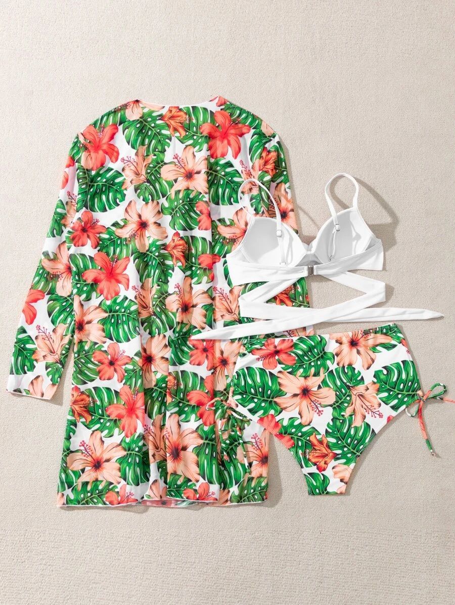 Printed Sexy Bikini Swimsuit and Net Yarn Cover Up