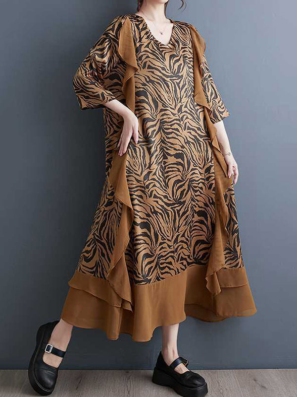 Ruffled Split-Joint Zebra-Stripe A-Line Batwing Sleeves V-Neck Midi Dresses