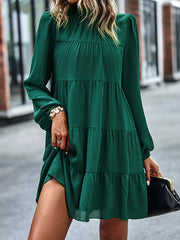 Elasticity Pleated Solid Color Split-Joint Tied A-Line Bishop Sleeve Mock Neck Mini Dresses