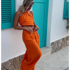 Fashion Temperament Orange Halter Solid Color Two Piece Set