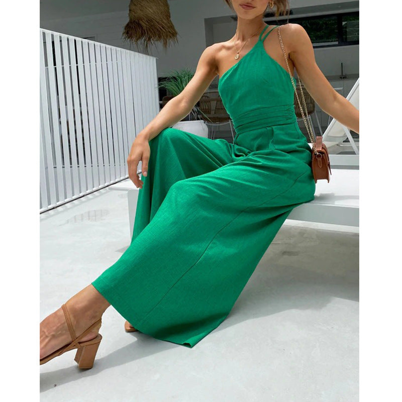 Fashion One Shoulder Solid Color  High Waist  Jumpsuit
